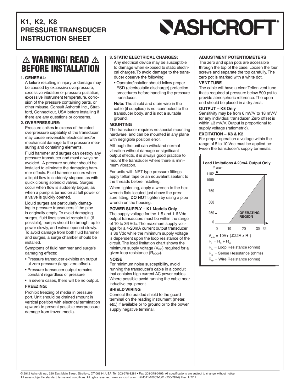 Ashcroft K8 - Industrial Pressure Transducer User Manual | 2 pages