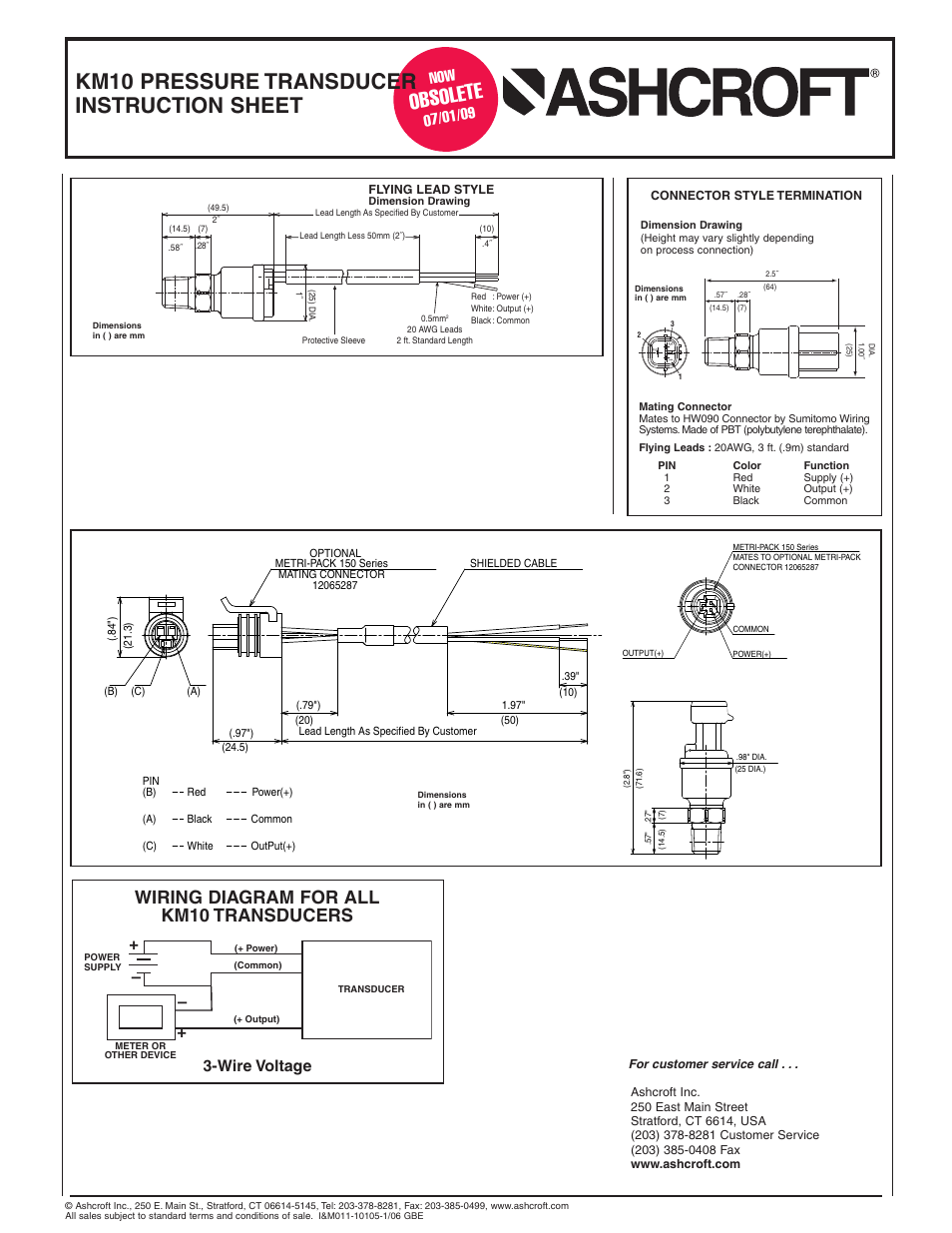 Obsole te, Km10 pressure transducer instruction sheet, Wiring diagram for all km10 transducers | Wire voltage | Ashcroft KM10 - Compact Pressure Transducer User Manual | Page 2 / 2