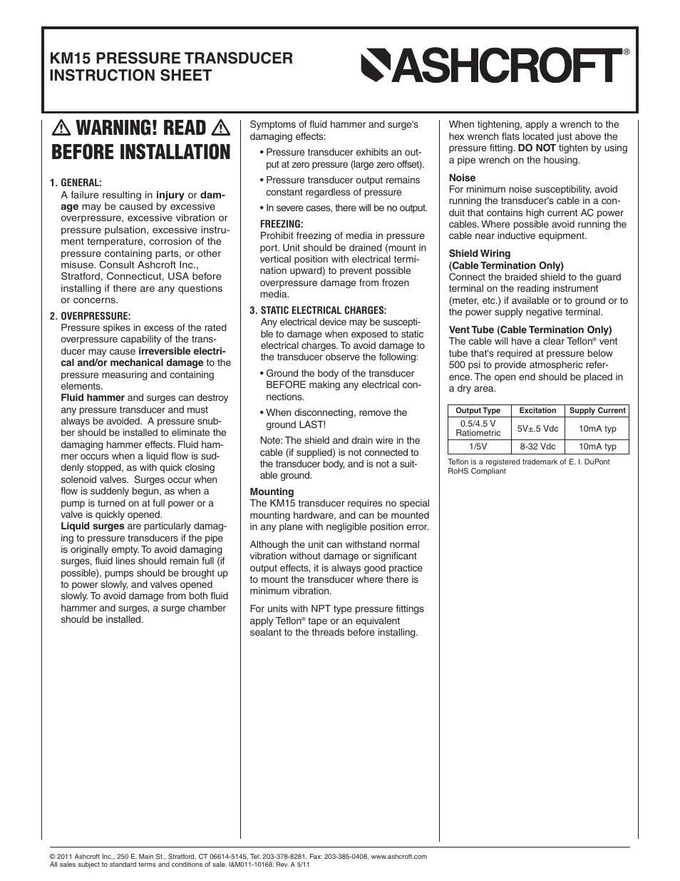 Ashcroft KM15 - Compact Pressure Transducer User Manual | 2 pages