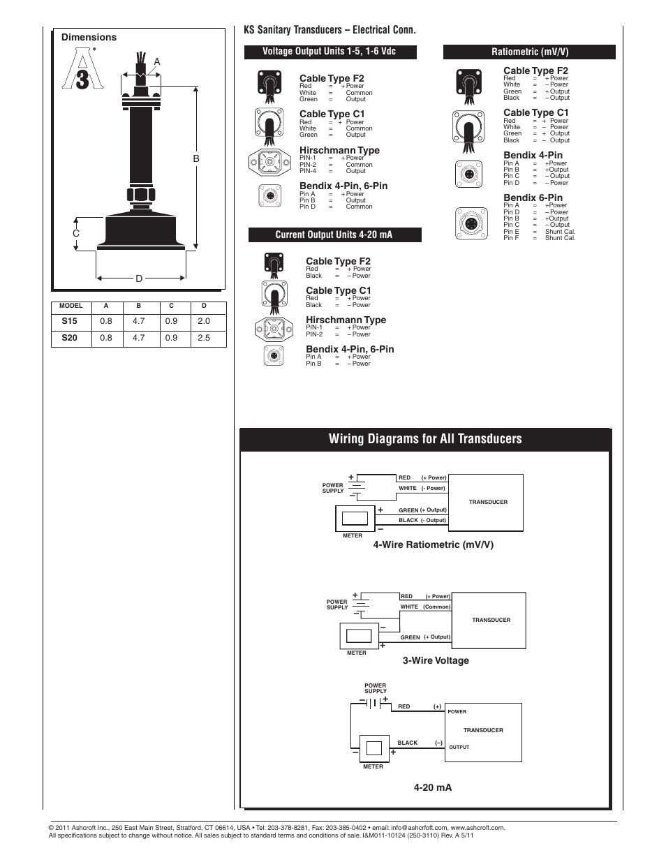 Wiring diagrams for all transducers, Ks sanitary transducers – electrical conn, Cable type f2 | Cable type c1, Hirschmann type, Bendix 4-pin, 6-pin, Voltage output units 1-5, 1-6 vdc, Bendix 4-pin, Bendix 6-pin, Ratiometric (mv/v) | Ashcroft KS - Sanitary Pressure Transmitter User Manual | Page 2 / 2