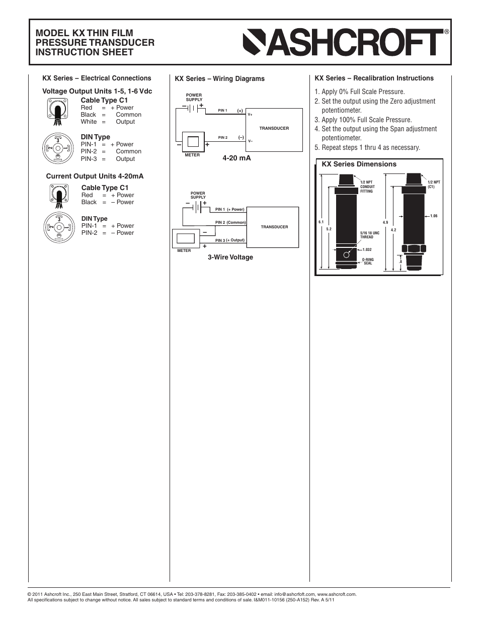 Kx series dimensions, Kx series – electrical connections cable type c1, Din type | Cable type c1, 20 ma | Ashcroft KX - Flush Mount Pressure Transmitter User Manual | Page 2 / 2