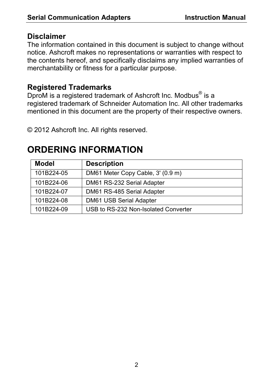 Ordering information, Disclaimer, Registered trademarks | Ashcroft DM61 User Manual | Page 2 / 20