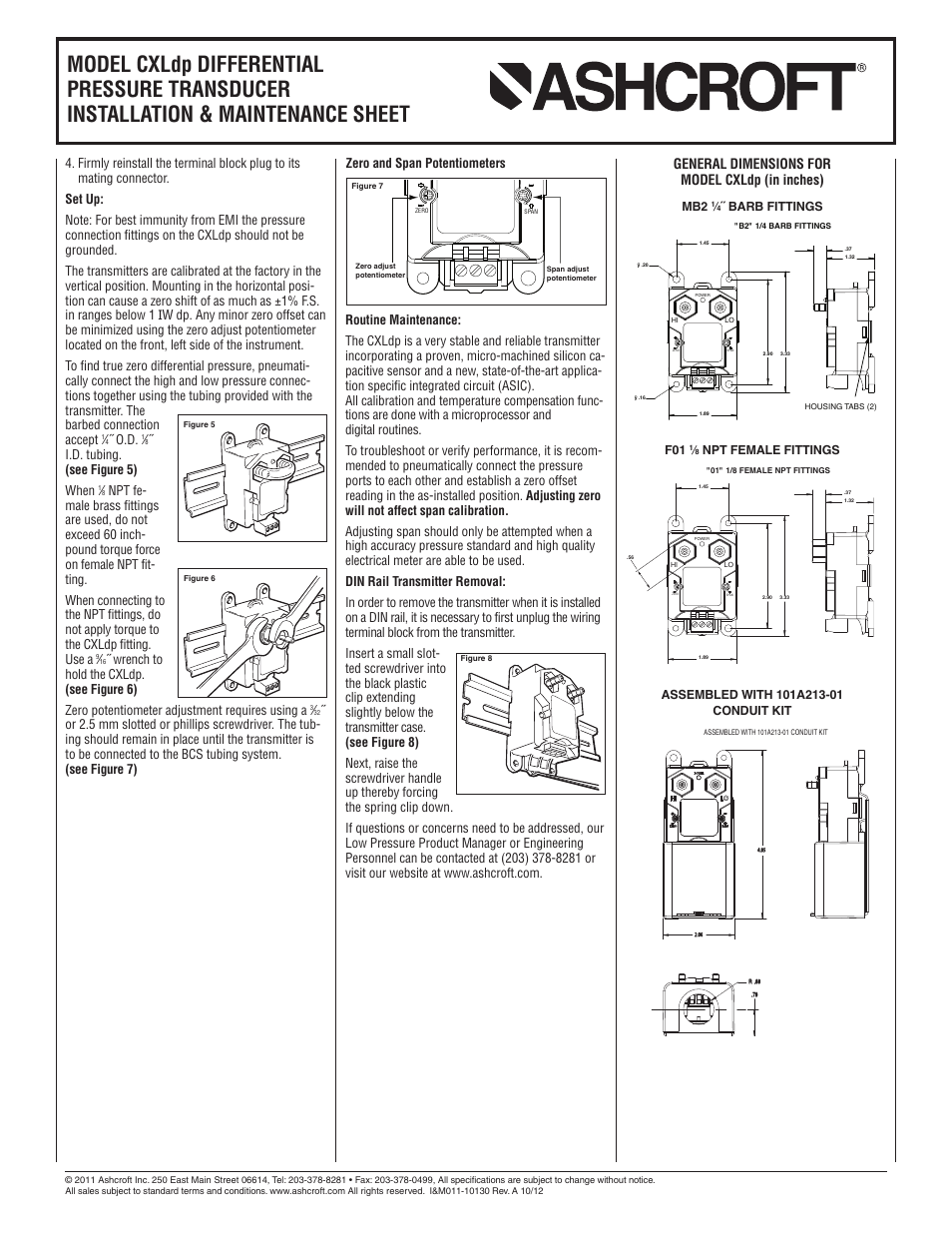 General dimensions for model cxldp (in inches), I.d. tubing. (see figure 5) when, Zero and span potentiometers | Ashcroft CXLdp - Differential Pressure Transmitter User Manual | Page 2 / 2