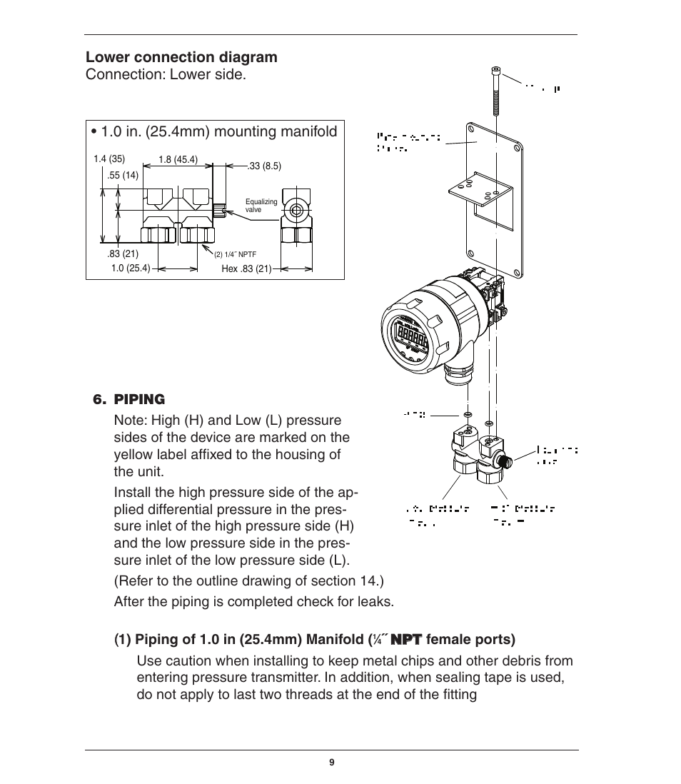 0 in. (25.4mm) mounting manifold, Lower connection diagram connection: lower side | Ashcroft GC52 - Rangeable wet/wet Differential Pressure Transmitter User Manual | Page 9 / 28