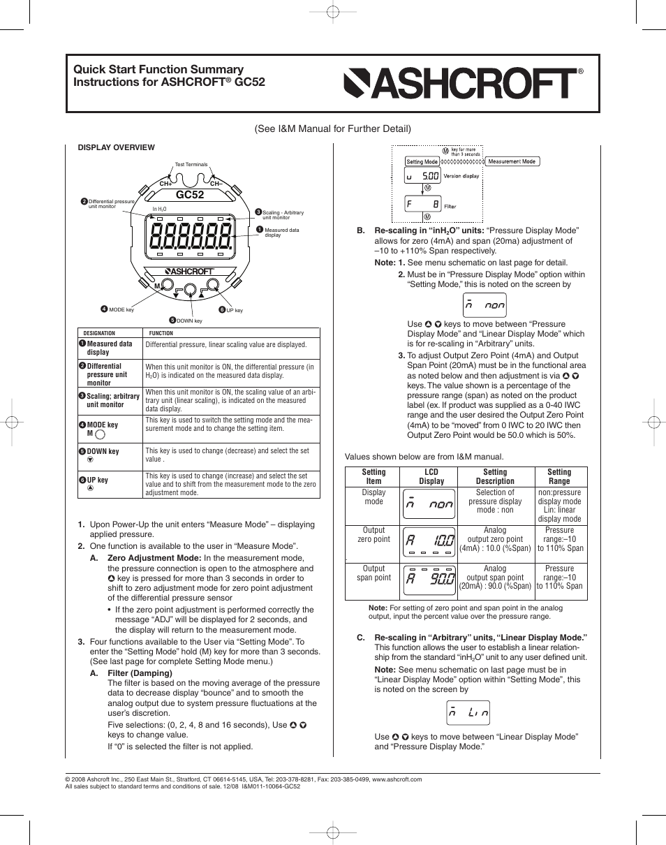 Ashcroft GC52 - Rangeable wet/wet Differential Pressure Transmitter User Manual | 2 pages