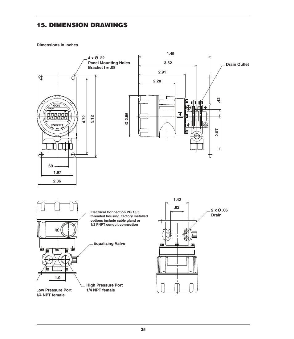 Dimension drawings | Ashcroft GC52 - Rangeable wet/wet Differential Pressure Transmitter User Manual | Page 35 / 40