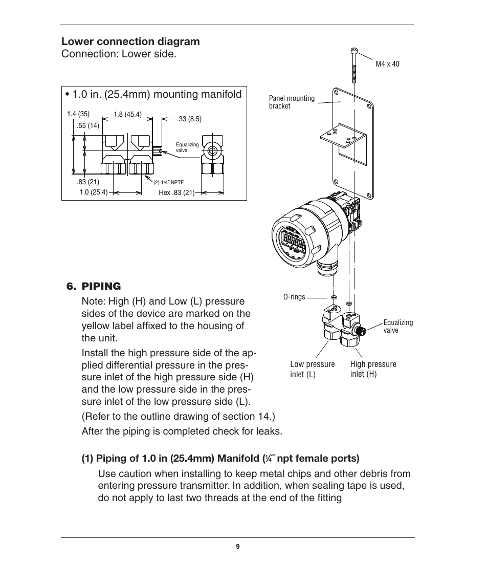 0 in. (25.4mm) mounting manifold, Lower connection diagram connection: lower side | Ashcroft GC52 - Rangeable wet/wet Differential Pressure Transmitter User Manual | Page 9 / 40