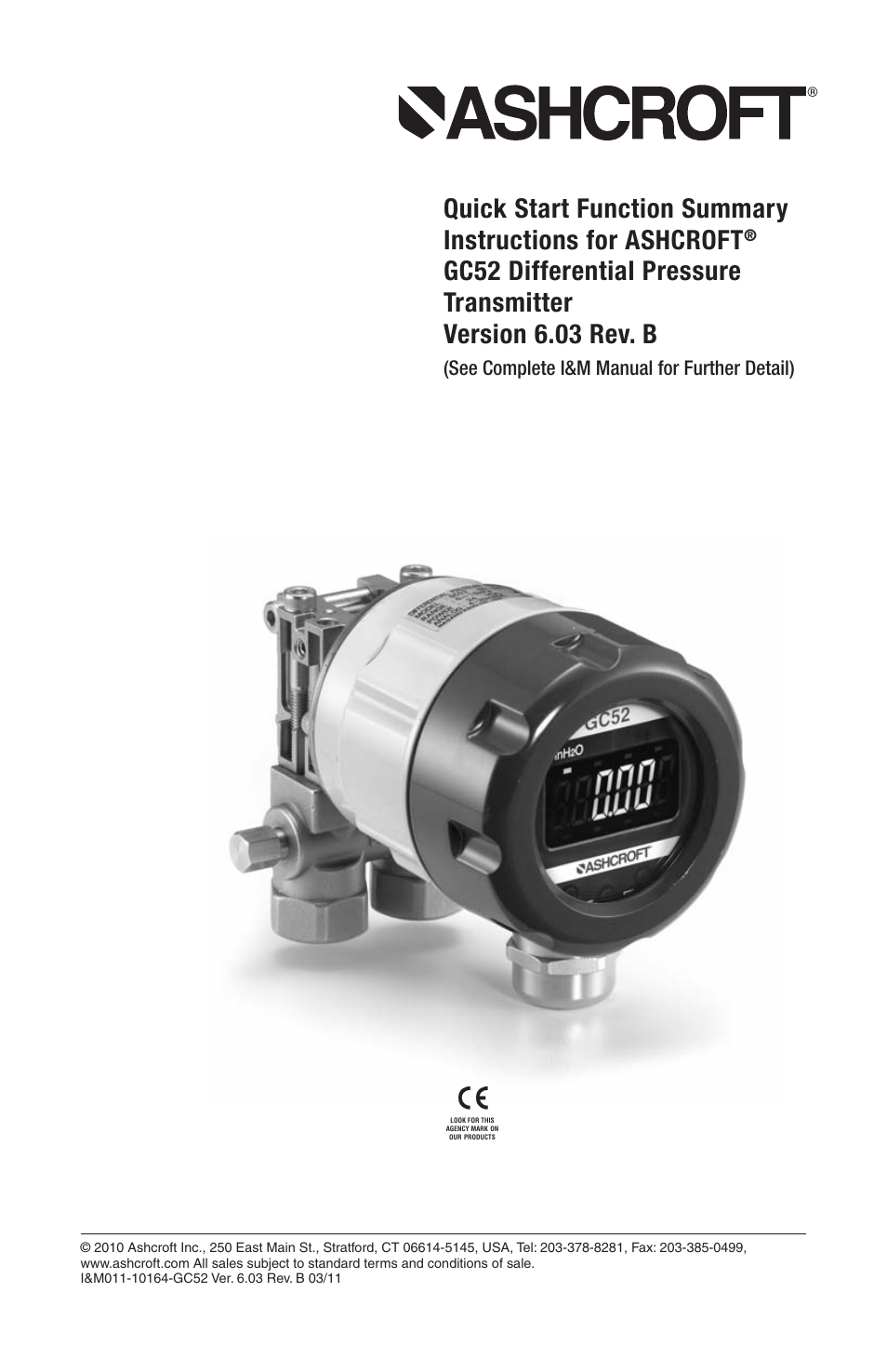 Ashcroft GC52 - Rangeable wet/wet Differential Pressure Transmitter User Manual | 16 pages