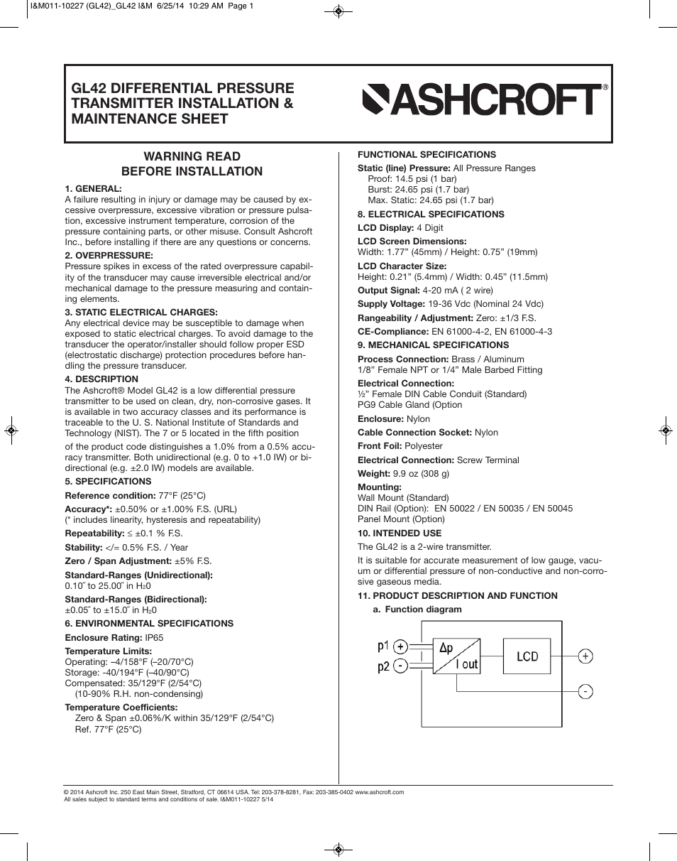 Ashcroft GL42 - Low Differential Indicating Pressure Transmitter User Manual | 4 pages