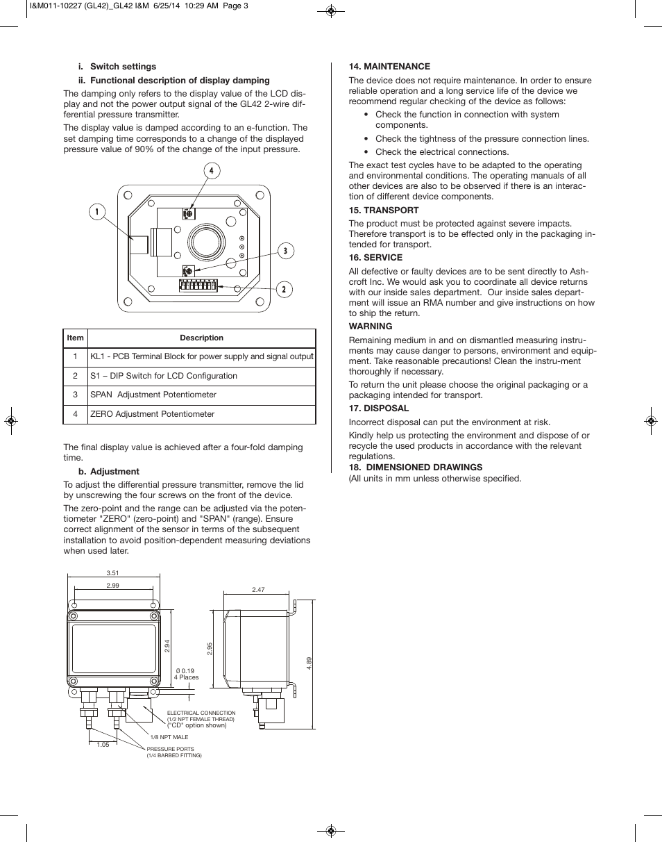 Ashcroft GL42 - Low Differential Indicating Pressure Transmitter User Manual | Page 3 / 4