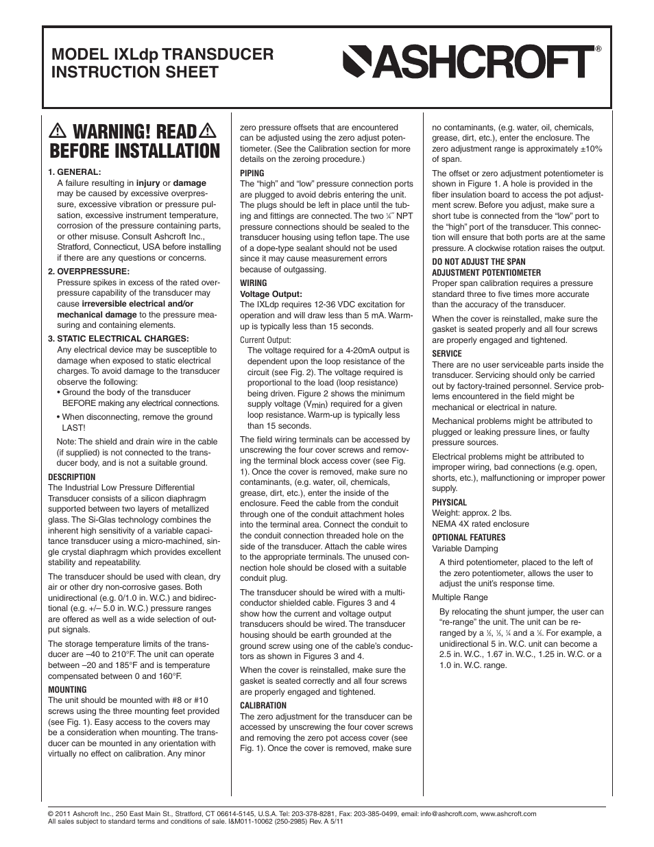 Ashcroft IXLdp - Low Differential Pressure Transmitter User Manual | 2 pages