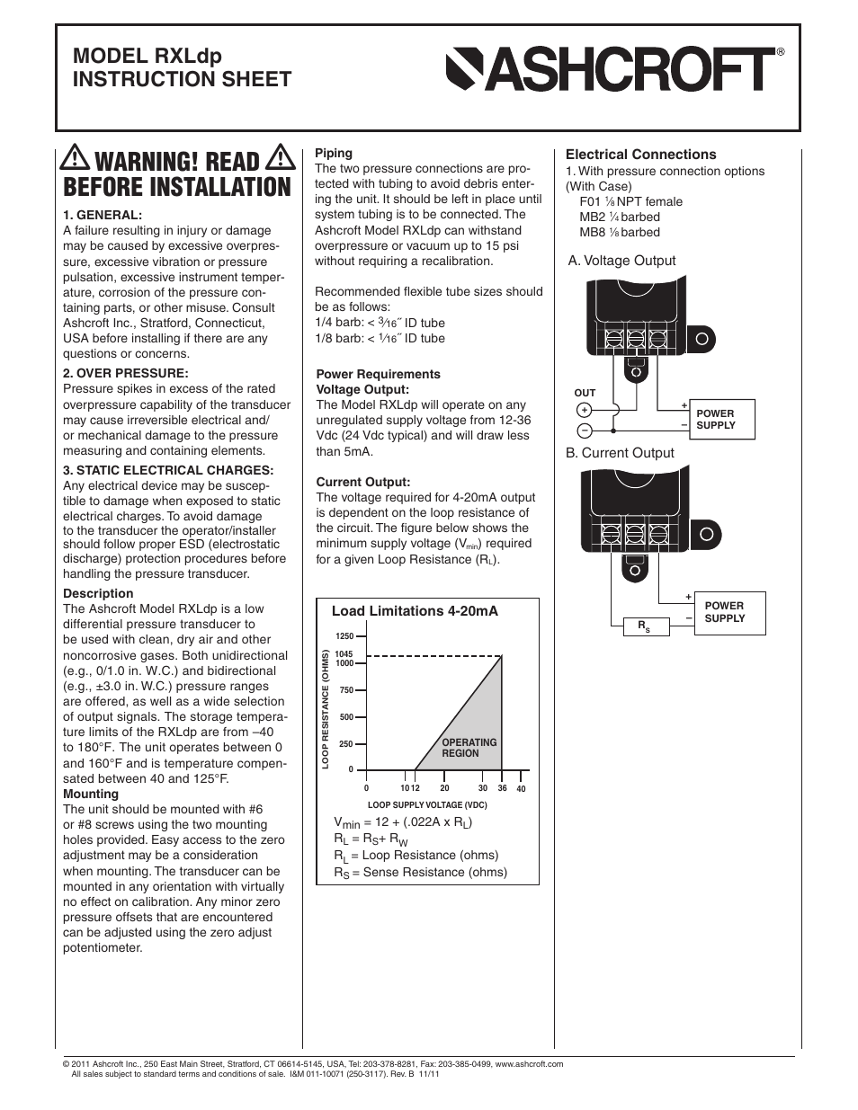 Ashcroft RXLdp - Low Differential Pressure Transmitter User Manual | 2 pages