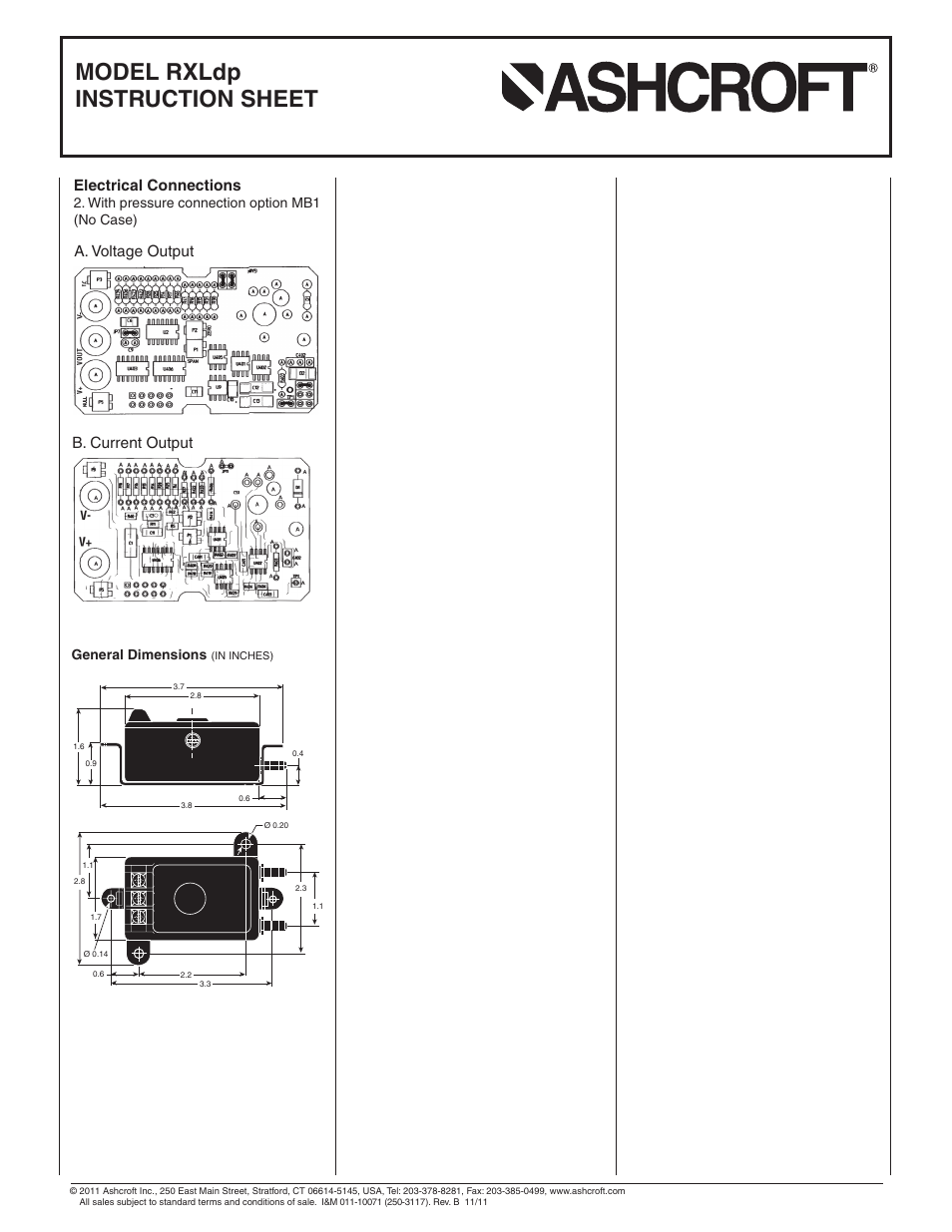 Model rxldp instruction sheet, General dimensions, With pressure connection option mb1 (no case) | Ashcroft RXLdp - Low Differential Pressure Transmitter User Manual | Page 2 / 2