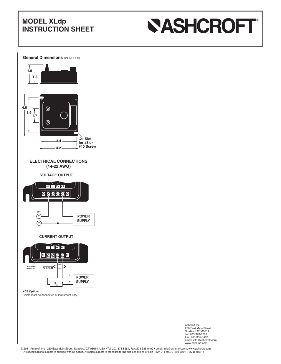 Model xldp instruction sheet | Ashcroft XLdp - Low Differential Pressure Transmitter User Manual | Page 2 / 2
