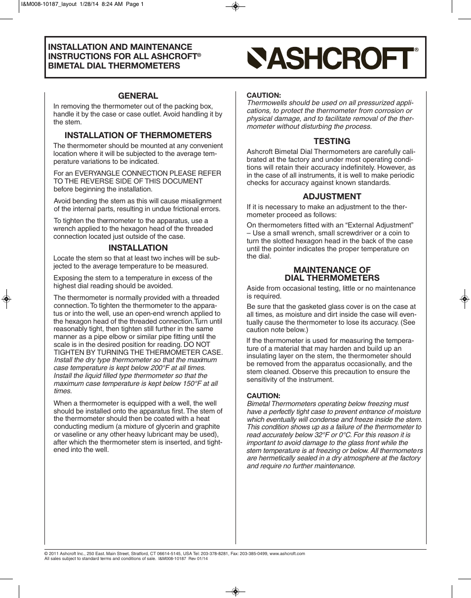 Ashcroft EL - Industrial Bimetal Thermometer User Manual | 2 pages