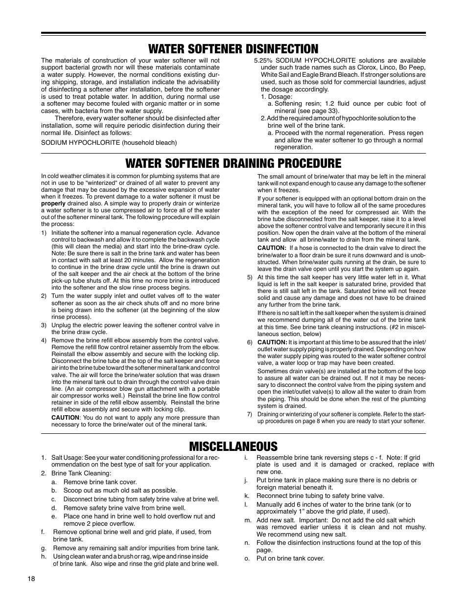 Water softener disinfection, Miscellaneous, Water softener draining procedure | Hellenbrand H-125 Series User Manual | Page 18 / 40