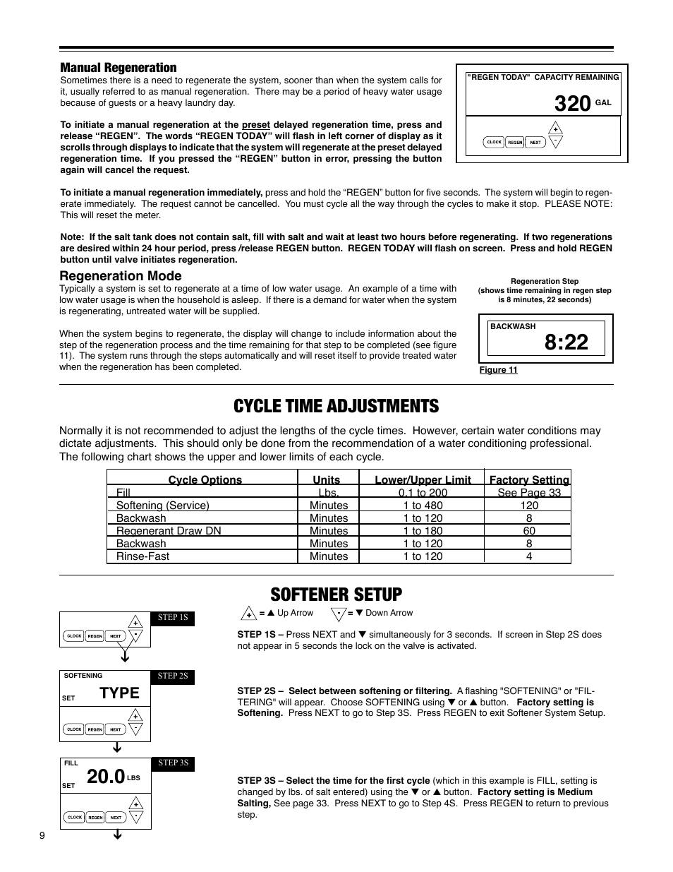 Cycle time adjustments, Softener setup, Type | Manual regeneration, Regeneration mode | Hellenbrand H-125 Series User Manual | Page 9 / 40