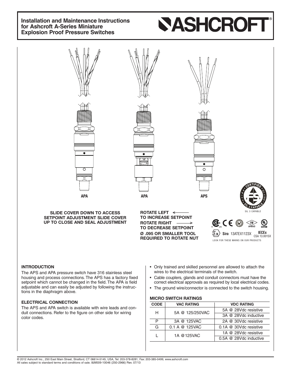 Ashcroft A-Series - Miniature Explosion Proof Switch User Manual | 2 pages