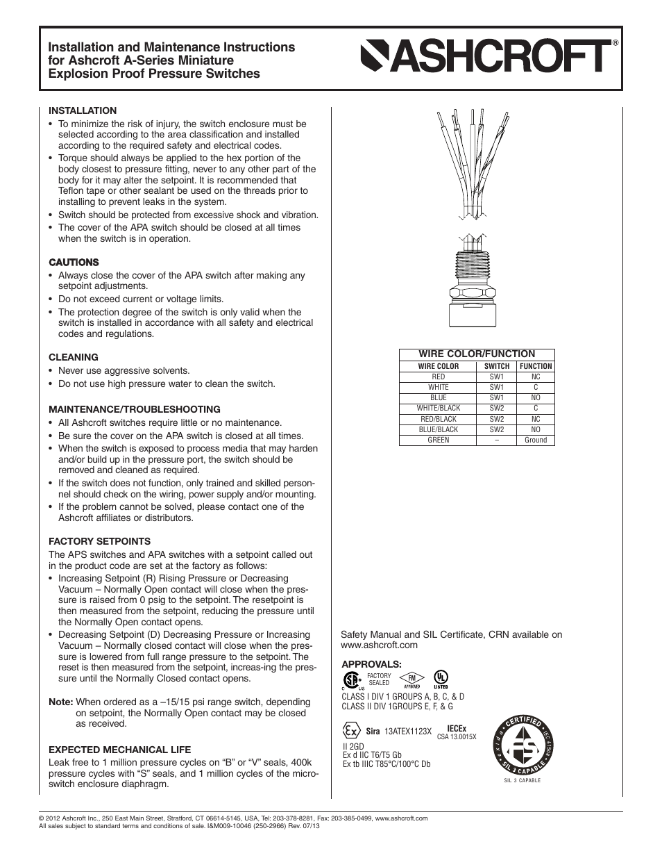 Ashcroft A-Series - Miniature Explosion Proof Switch User Manual | Page 2 / 2