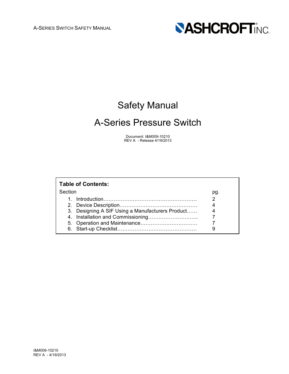 Ashcroft A Series - N4 Pressure Switch User Manual | 10 pages