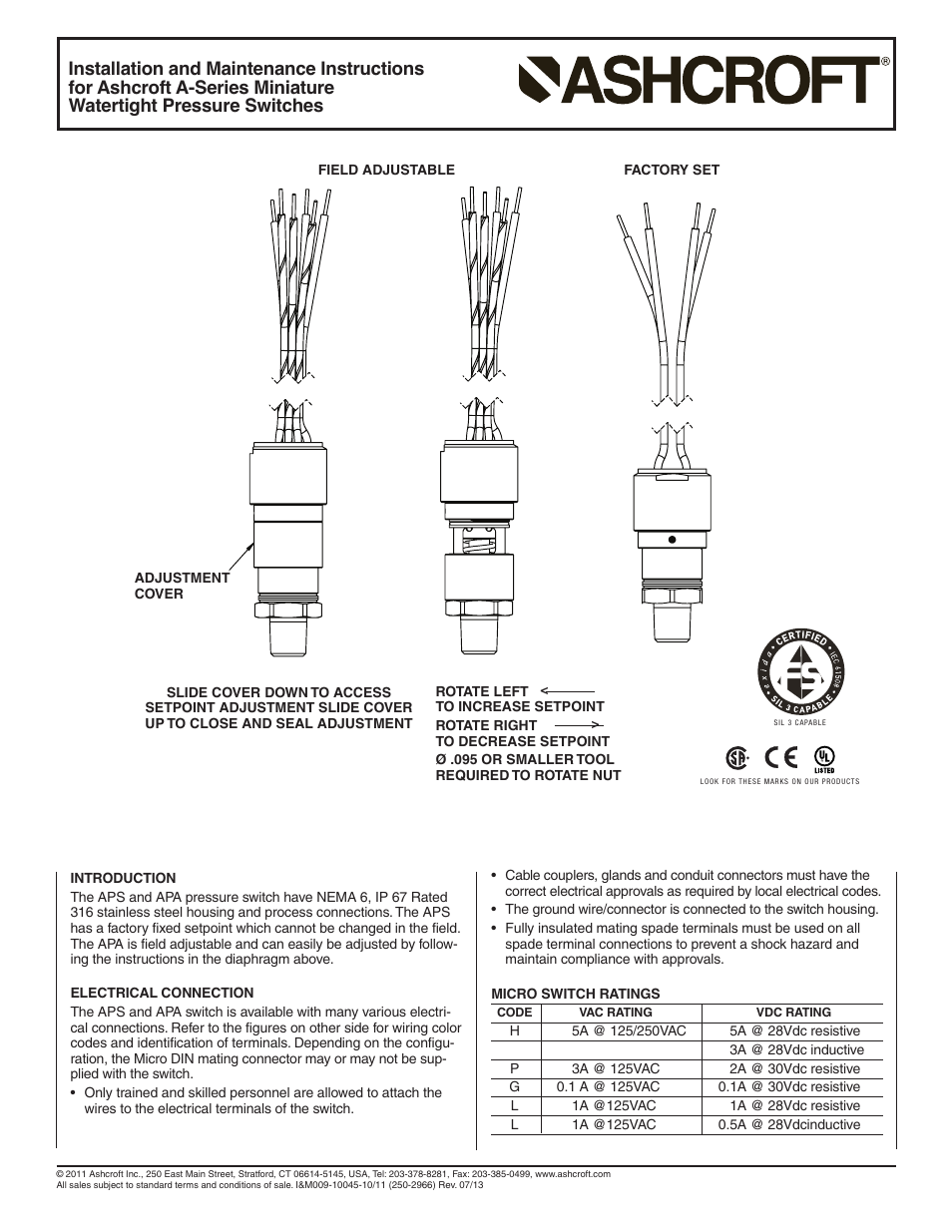 Ashcroft A Series - N4 Pressure Switch User Manual | 2 pages