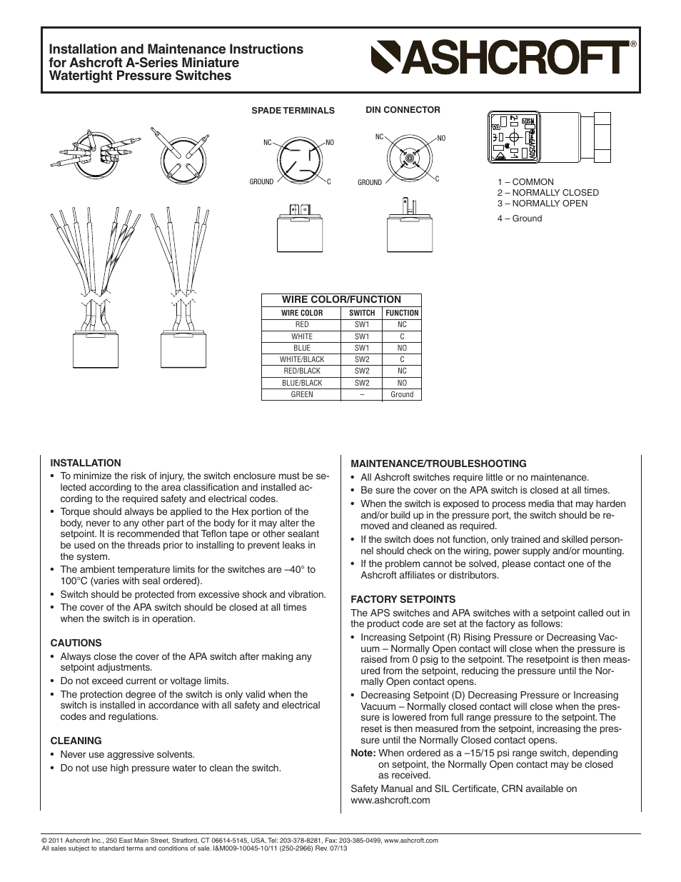 Ashcroft A Series - N4 Pressure Switch User Manual | Page 2 / 2
