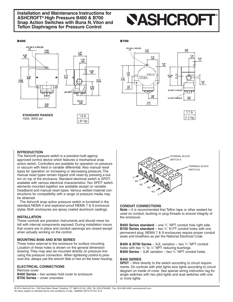 Ashcroft B700 Pressure Switches User Manual | 2 pages