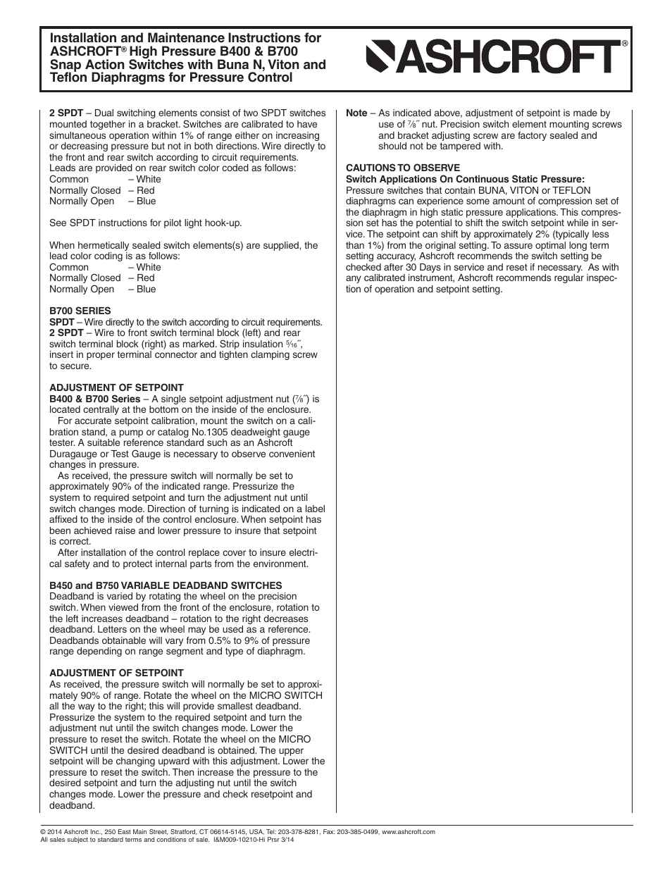 Ashcroft B700 Pressure Switches User Manual | Page 2 / 2