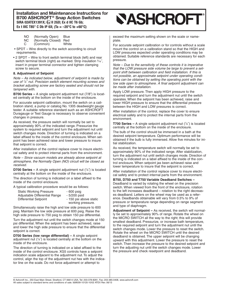 Ashcroft B700 Pressure Switches User Manual | 4 pages