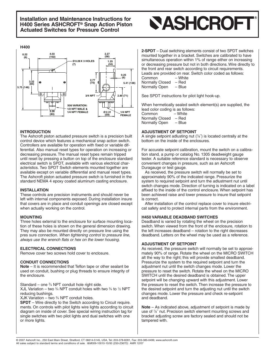 Ashcroft H - Pressure Switches User Manual | 1 page