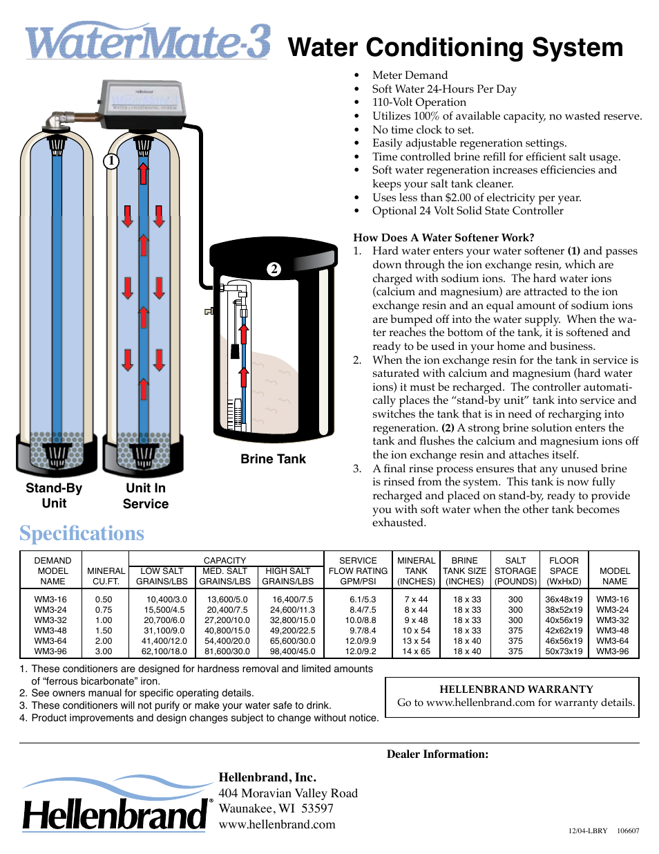 Water conditioning system, Specifications, Brine tank stand-by unit unit in service 1 2 | Hellenbrand System WaterMate 3 User Manual | Page 2 / 2