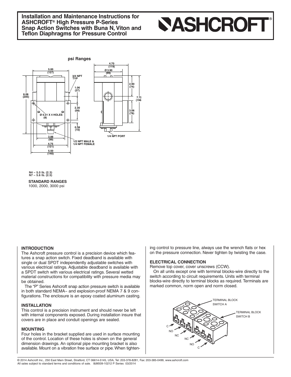 Ashcroft P-N7 pressure switches User Manual | 2 pages