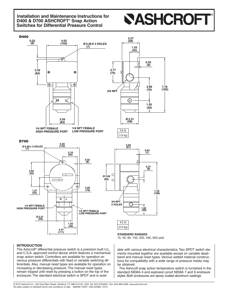 Ashcroft D700 - Differential Pressure Switches User Manual | 2 pages