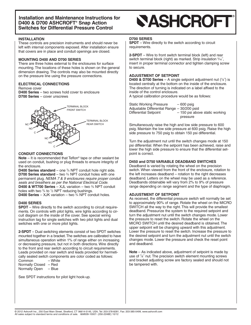 Ashcroft D700 - Differential Pressure Switches User Manual | Page 2 / 2