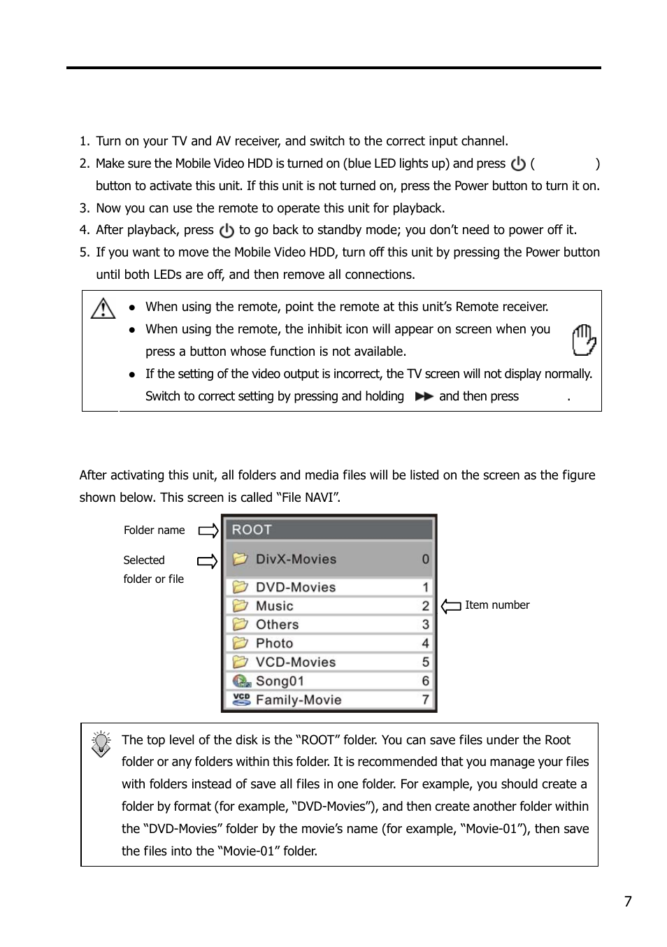 Using the av playback function, Activating the mobile video hdd for av playback, Selecting the media files for playback | Argosy Research Mobile Video HDD User Manual | Page 11 / 43
