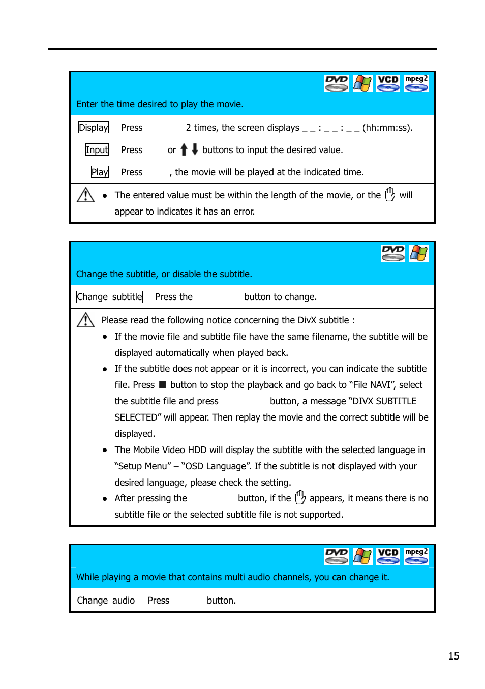 Using the av playback function, Time searching, Change subtitle | Change audio | Argosy Research Mobile Video HDD User Manual | Page 19 / 43