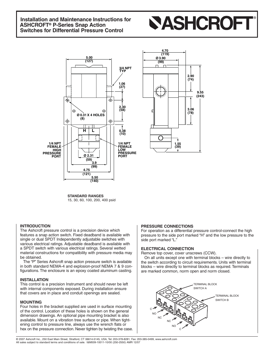 Ashcroft PD-N7 - Differential Pressure Switches User Manual | 2 pages