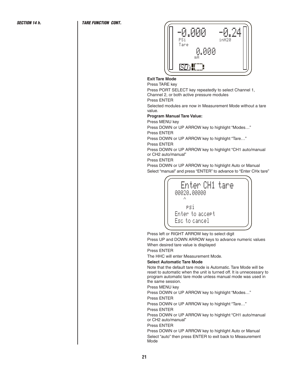 Enter ch1 tare | Ashcroft ATE-2 - Handheld Calibrator User Manual | Page 23 / 86