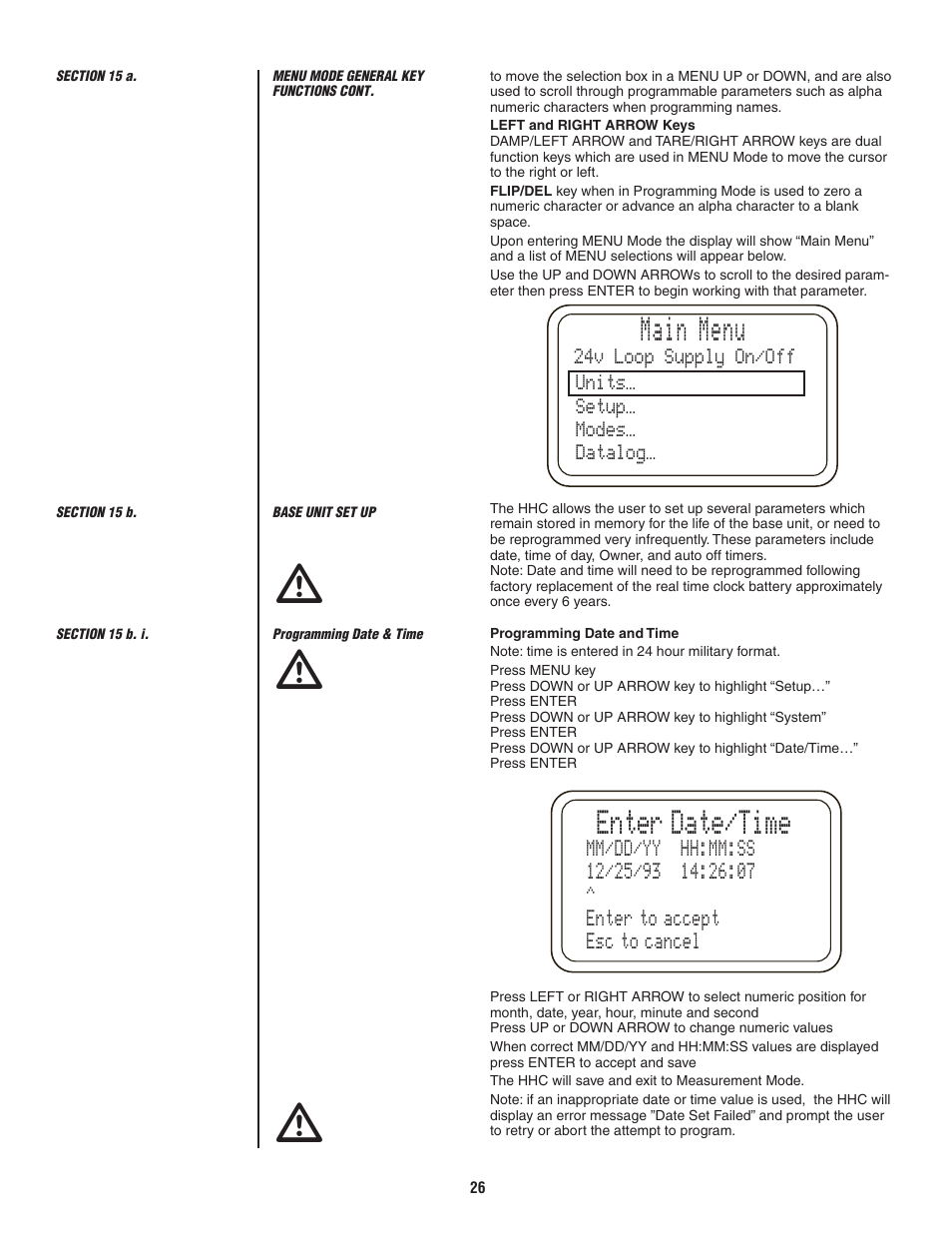Main menu, Enter date/time | Ashcroft ATE-2 - Handheld Calibrator User Manual | Page 28 / 86
