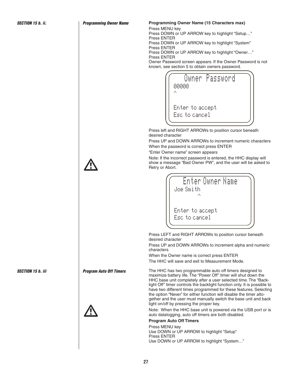 Owner password, Enter owner name, Smith ^ enter to accept esc to cancel | Ashcroft ATE-2 - Handheld Calibrator User Manual | Page 29 / 86