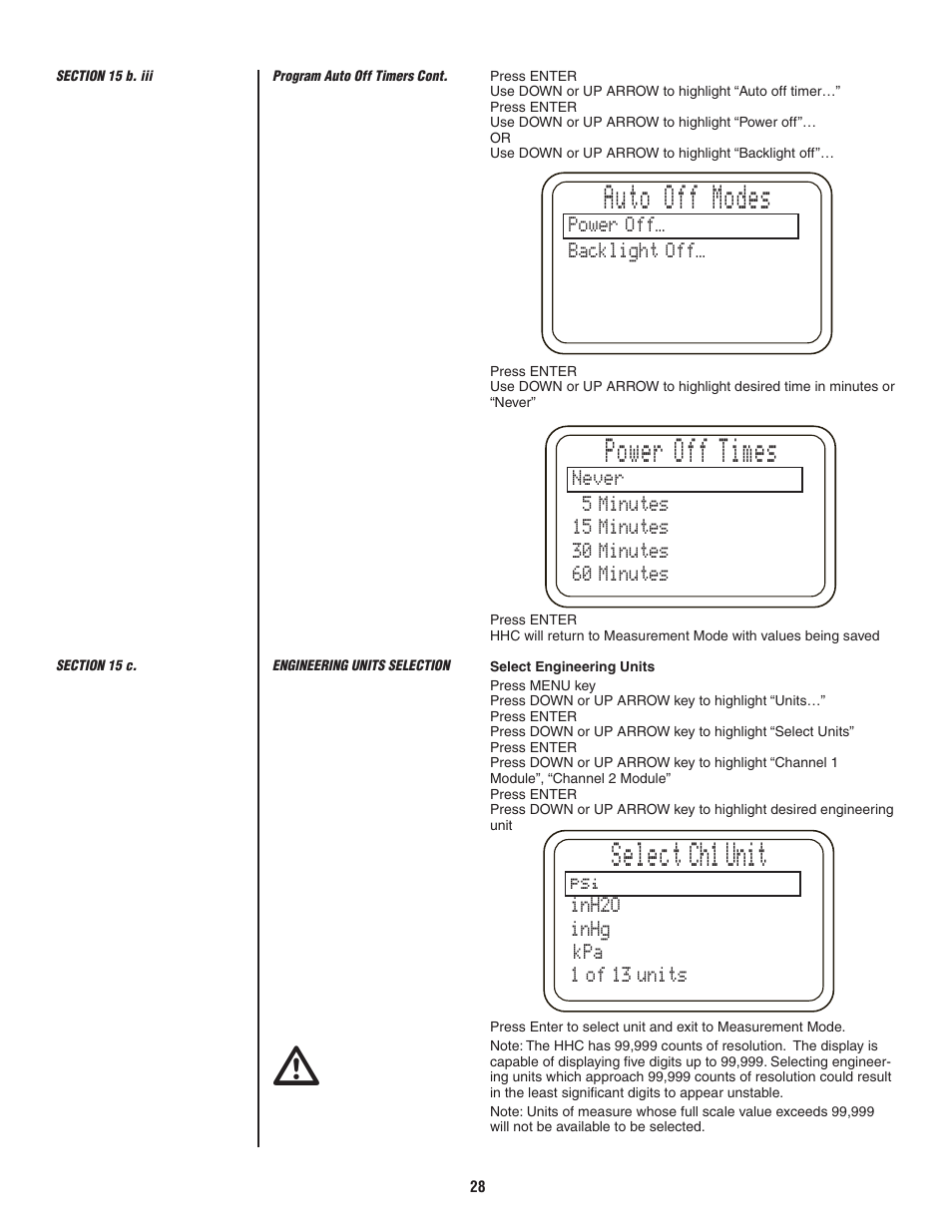 Auto off modes, Power off times, Select ch1 unit | Power off… backlight off, Psi inh2o inhg kpa 1 of 13 units | Ashcroft ATE-2 - Handheld Calibrator User Manual | Page 30 / 86