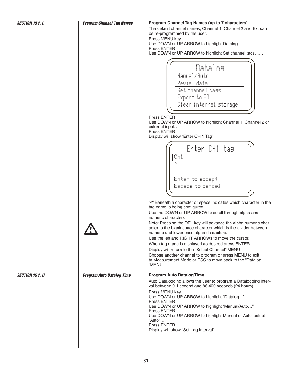 Enter ch1 tag, Datalog, Ch1 ^ enter to accept escape to cancel | Ashcroft ATE-2 - Handheld Calibrator User Manual | Page 33 / 86