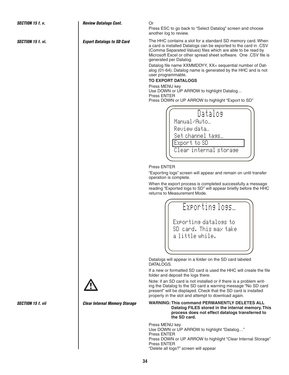Datalog, Exporting, Logs | Ashcroft ATE-2 - Handheld Calibrator User Manual | Page 36 / 86