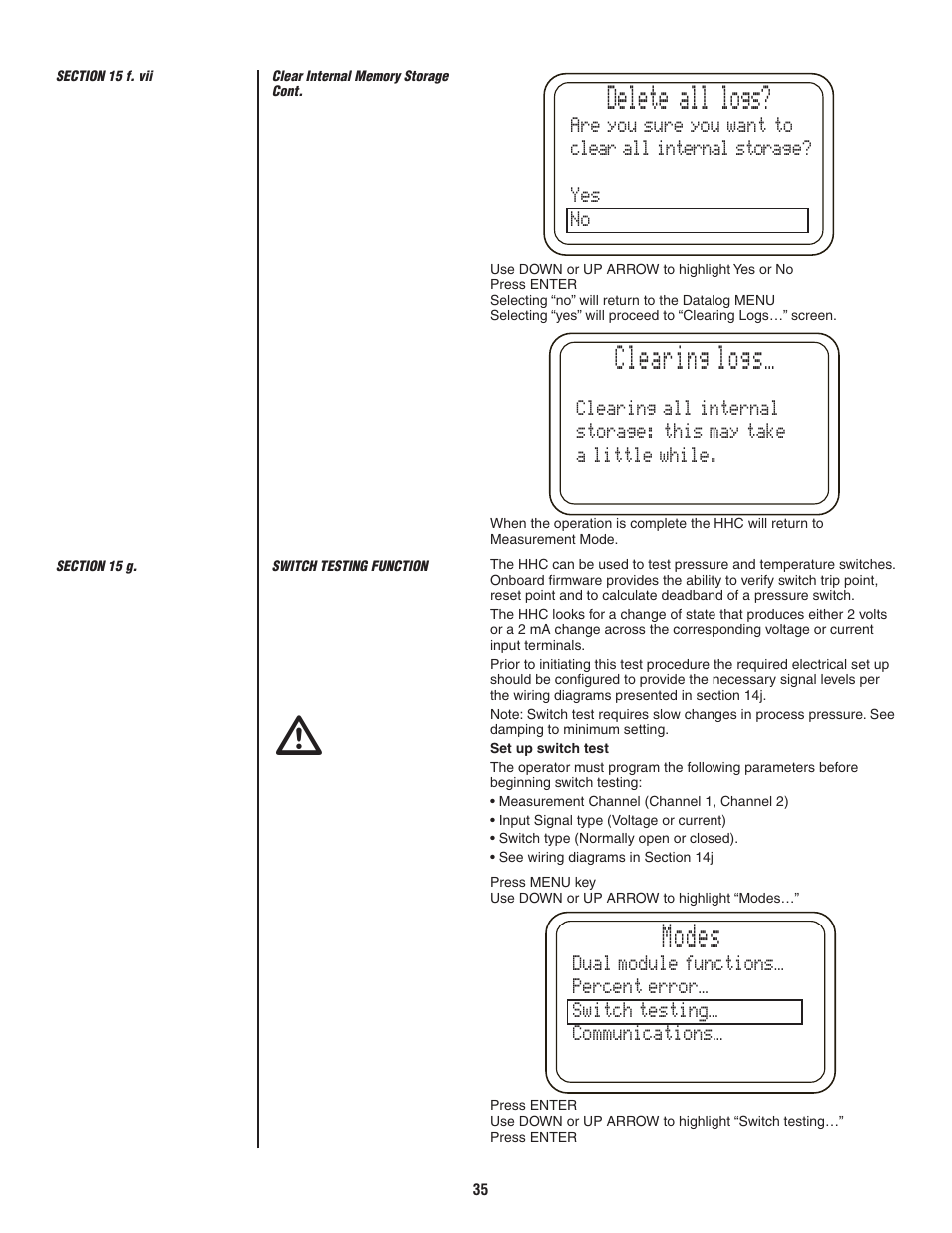 Delete all, Logs, Clearing | Modes | Ashcroft ATE-2 - Handheld Calibrator User Manual | Page 37 / 86