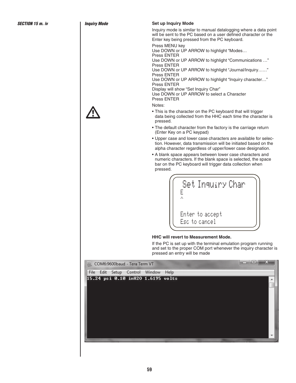 Set inquiry char, E^ enter to accept esc to cancel | Ashcroft ATE-2 - Handheld Calibrator User Manual | Page 61 / 86