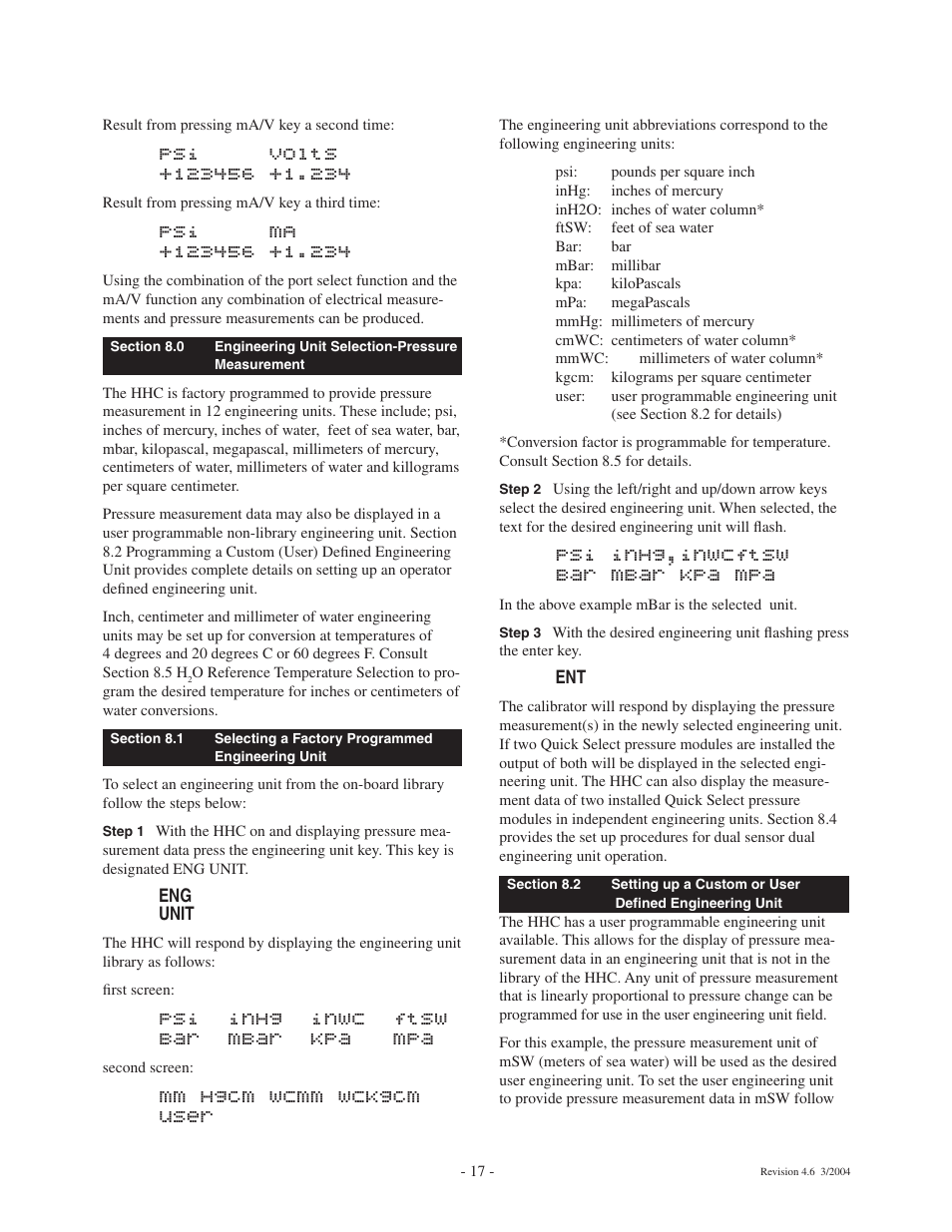 Psi inhg inwc ftsw bar mbar kpa mpa, Mm hgcm wcmm wckgcm user, Psi inhg,inwcftsw bar mbar kpa mpa | Ashcroft ATE-100 Handheld LCD Digital Calibrator User Manual | Page 17 / 80