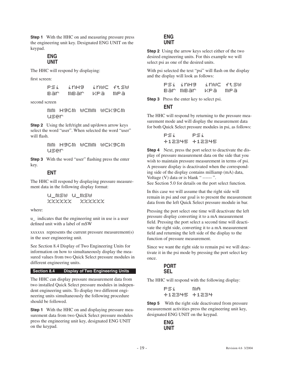 Psi inhg inwc ftsw bar mbar kpa mpa, Mm hgcm wcmm wckgcm user | Ashcroft ATE-100 Handheld LCD Digital Calibrator User Manual | Page 19 / 80