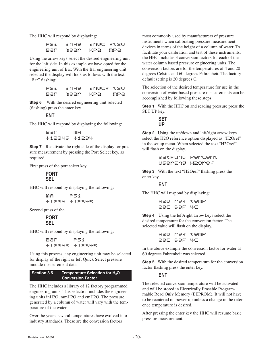 Psi inhg inwc ftsw bar mbar kpa mpa, Psi inhg inwcf tsw bar mbar kpa mpa, Batfunc percent usereng h2oref | Ashcroft ATE-100 Handheld LCD Digital Calibrator User Manual | Page 20 / 80