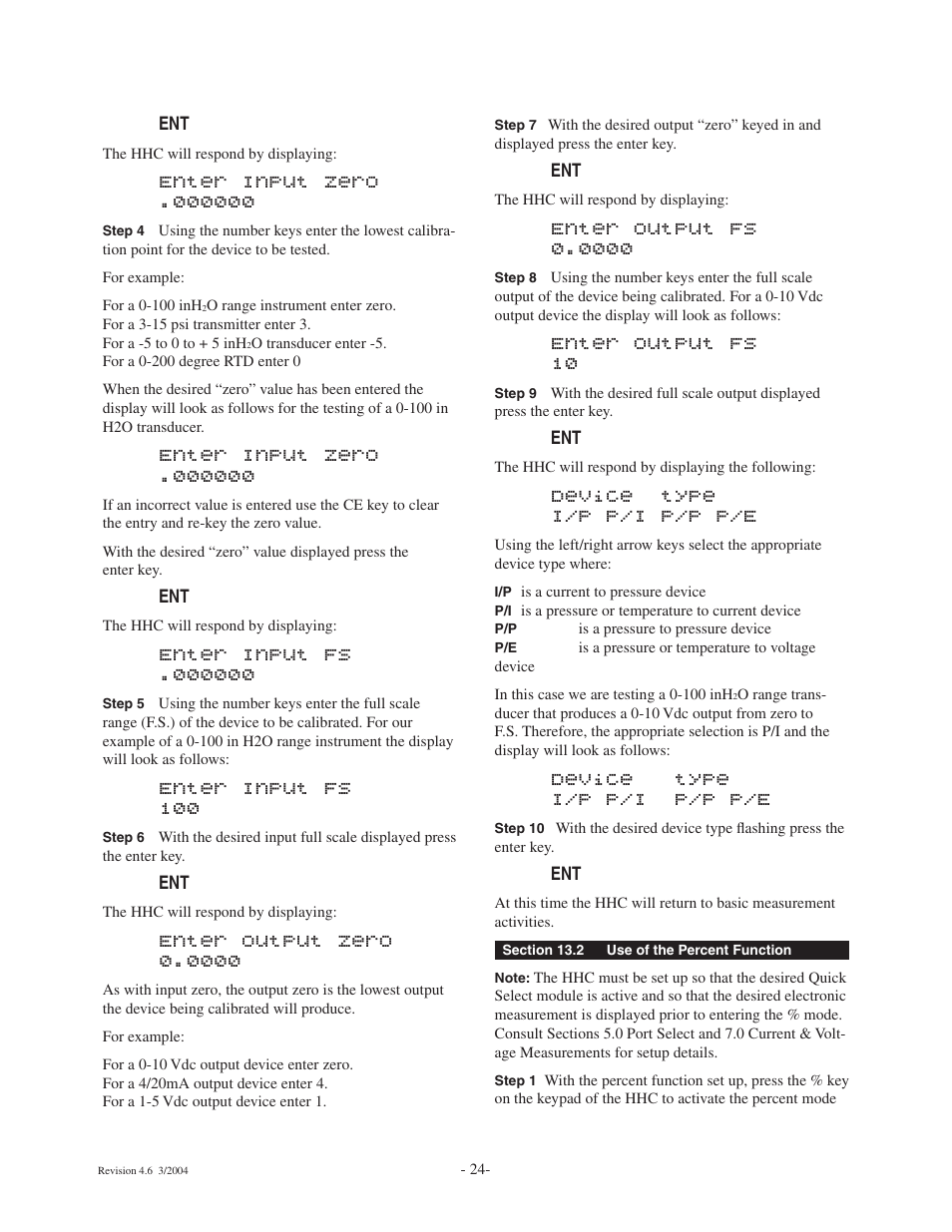 Enter input fs 100, Enter output fs 10, Device type i/p p/i p/p p/e | Ashcroft ATE-100 Handheld LCD Digital Calibrator User Manual | Page 24 / 80