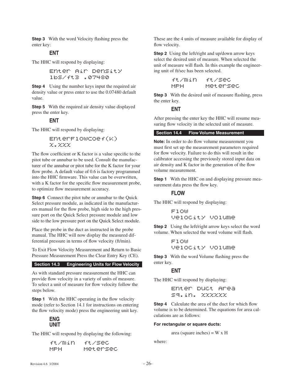 Enterflowcoef(k) x.xxx, Ft/min ft/sec mph metersec, Flow velocity volume | Ashcroft ATE-100 Handheld LCD Digital Calibrator User Manual | Page 26 / 80